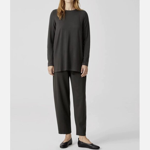 Eileen Fisher Graphite Fine Jersey Crew Neck Long Length Top - Picture 2 of 5